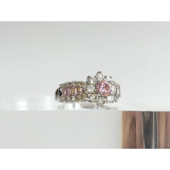 Pink Topaz & CZ Halo Crown Shaped 925 Sterling Silver Vintage Ring - sz 8 - Picture 3 of 12